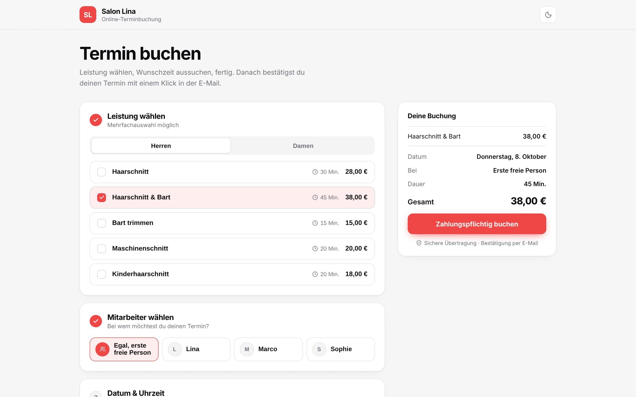 Terminski Online-Buchungsseite für Kunden